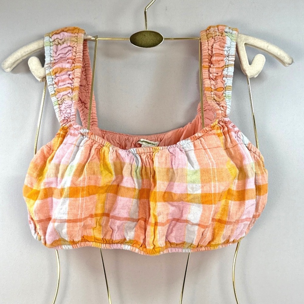 American Eagle Orange Pink Plaid Linen Blend Smocked Strap Crop Top XL